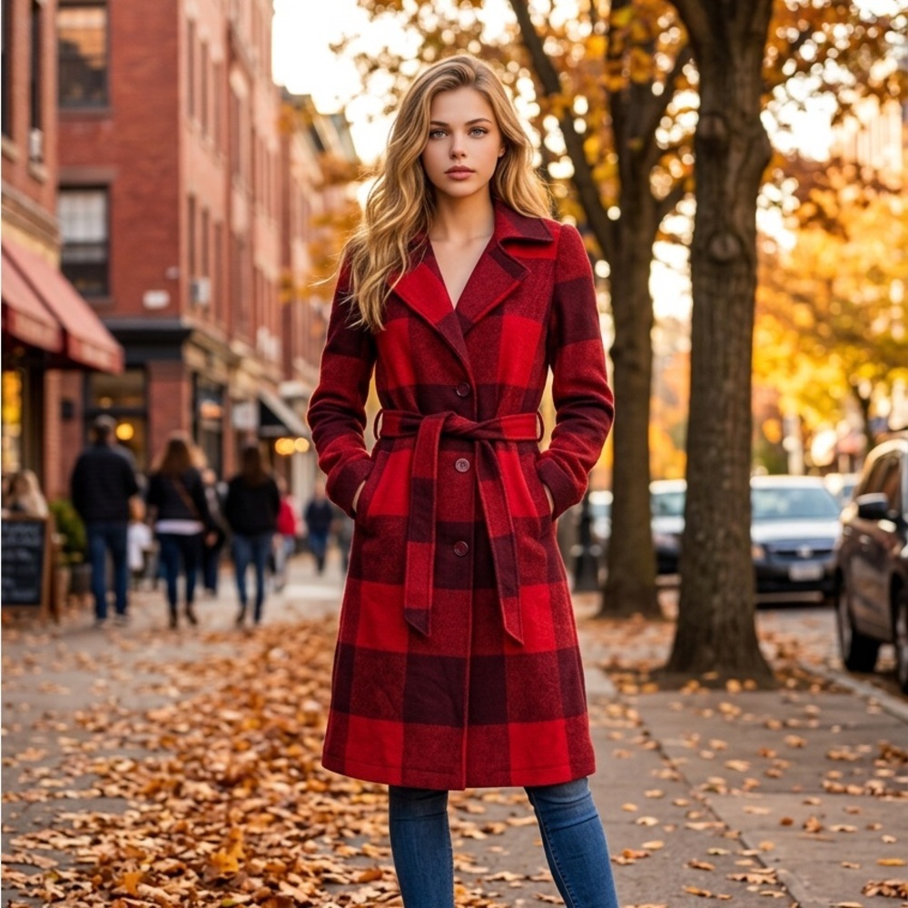 G by Giuliana Red and Black Plaid Trench Coat